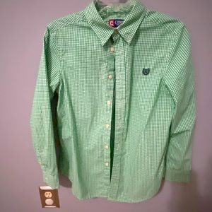 Boys Chaps dress Shirt;Chaps long sleeve/Button Down: boys large; green checks